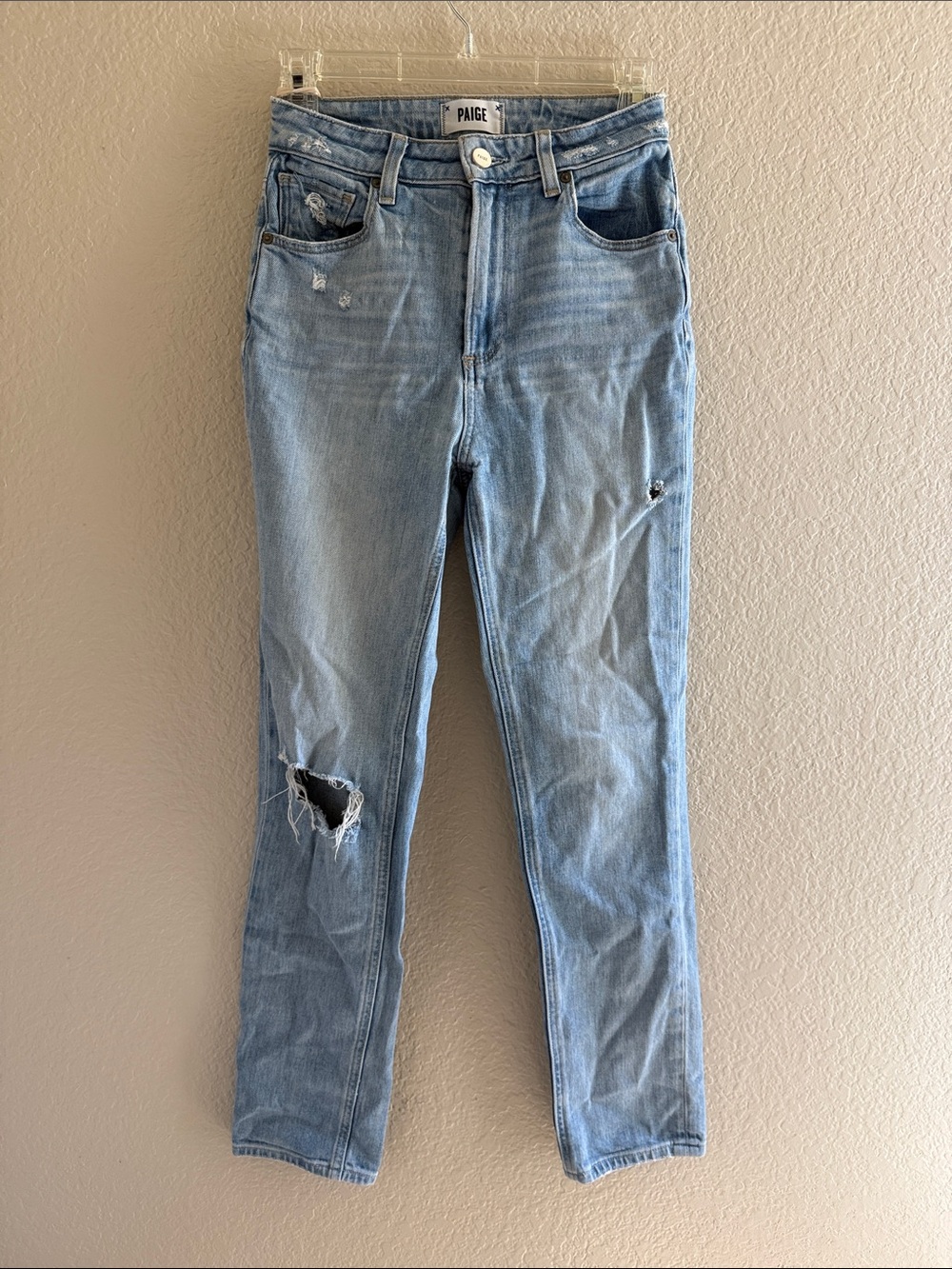 PAIGE Light Wash Distressed High-Rise Skinny Jeans
